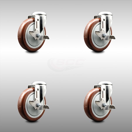 Service Caster 5 Inch 316SS Maroon Polyurethane Wheel Swivel Bolt Hole Caster Set with Brake SCC-SS316BH20S514-PPUB-MRN-TLB-4